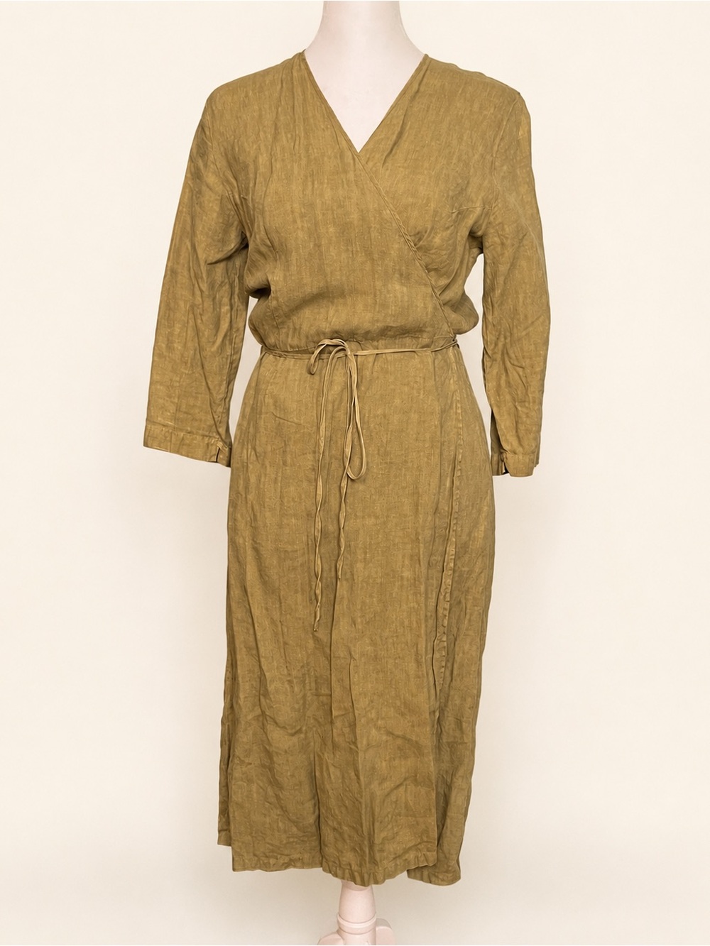 🫒✨ Vintage 1990s 120% Lino Italian Cotton Wrap Midi Dress — Size 42